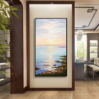 Hand Painted Modern Sea Wave Sunset Beach Landscape Oil Painting on Canvas Wall Art Mural