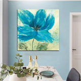 Hand Painted Simple Blue Flower Hand Painted Oil Painting Wall Canvas Abstract Modern Canvas Artwork Room Decor