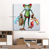 Oil Painting Abstract Hand Painted Modern Cartoon Animal On Canvas Shopping Frog Wall Art