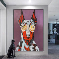 Hand Painted Oil Painting Cool Wearing Glasses Dog Animal Abstract Decorative Item Canvas Wall Art