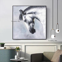 Black and White Horse Canvas Hand Painted Modern Animal Canvas Art Painting Wall Decor