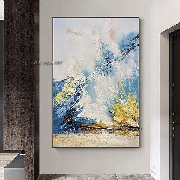 Hand Painted Blue White Yellow Canvas Painting Modern Abstract