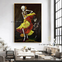 Modern Hand Painted Skeleton woman dancing Canvas Mexico Day of the Dead Wall Art for