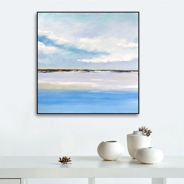 Hand Painted Natural Sunset Blue Sky Cloud Lake Landscape Canvas Painting Abstract Wall Art