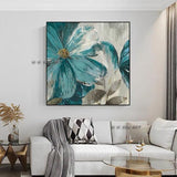 Hand Painted Abstract Blue Flowers Minimalist Modern Decorative