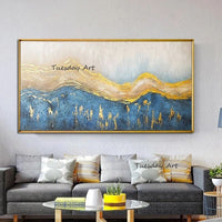 Hand Painted Oil Painting Landscape Blue White Gold Foil Abstract On Canvas Home