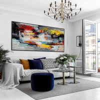 Hand Painted Abstract Canvas Art Wall Art Colorful Modern Over Panoramic Wide Slim Abstract Decoration