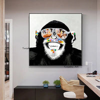 Hand Painted Oil Painting Modern Abstract Gorilla Wearing Glasses Animal Art Wall Canvas Decor