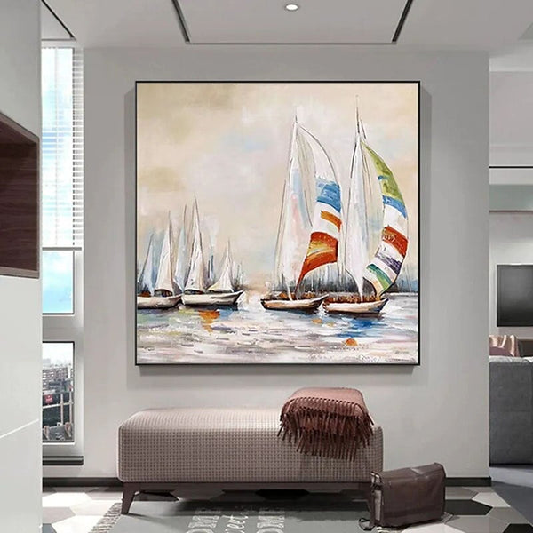 Hand Painted Knife Abstract Oil Painting Sailing Boat Wall Art Home Office Decoration Sea Scenery Painting