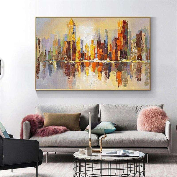 Abstract Art Hand Painted Gold City Building Landscape Canvas Oil Painting Modern Decor Wall Picture For Living Room