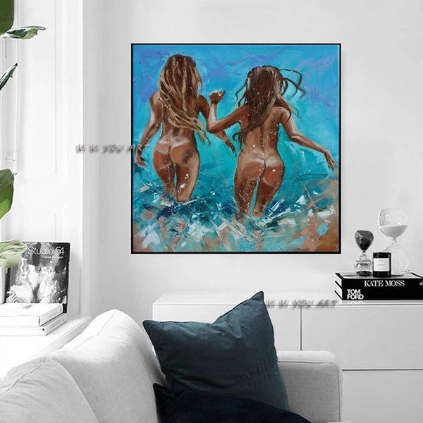 Hand Painted Naked Girl Play in the Water Abstract and