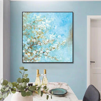 Hand Painted Oil Painting Blue Landscape Flower Tree Wall Canvas Abstract Art Modern Canvas Artwork Room Decor