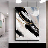 Black And White Gold Foil Hand-Painted Abstract Modern Oil Painting On Canvas In Decor As