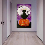 Hand Painted Modern Abstract Oil Painting on Canvas Pumpkin Night Cat Abstract Halloween