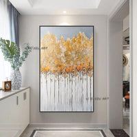 Hand Painted Thickened Abstract White Gray Gold Cute Tree Painting Canvas