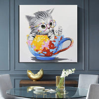 Hand Painted Paintings Wall Art Oil Paintings Cute Teacup Cat Animals Abstract Canvas Modern