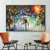 Hand Painted On Canvas Abstract Families Walking In The Rain With Umbrella Decorative