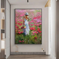 Impressionist Oil Paintings Hand Painted Girl Holding Flower basket Wall Art Canvas Bedroom Decor