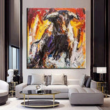 Hand Painted Animal Oil Painting Abstract Spanish Matador And Bull Mural Thick Oil Texturess