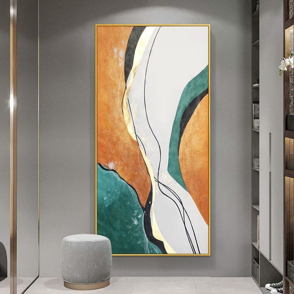 Abstract Golden Foil Hand Painted Canvas Painting Orange Green Contemporary Modern