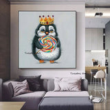 Hand Painted Modern Oil Painting Cute Little Penguin Holding a Lollipop Animal Abstract Canvas Wall Art