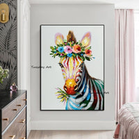 Hand Painted Oil Painting Animal Zebra Flower Abstract on Canvas Hand Painted Floral Painting