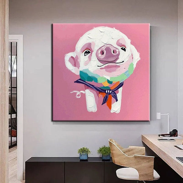 Hand Painted Pink Cute Pig Oil Painting Abstract on Canvas Modern Art Animal Painting fors