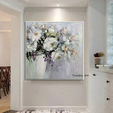 Hand Painted Abstract White Knife Flower Oil Painting on Canvass