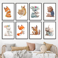 Kids Room Hug Rabbit Fox Deer Bear koala Cat Bunny Nursery Wall Art Baby Decor HQ Canvas Print