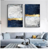 Hq Canvas Print Wall Art Modern Abstract Layered Navy Gold With Frame 60X90Cm Only Canvas / 142