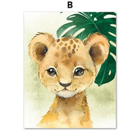 Kids Room Lion Giraffe Zebra Tropical Leaf Jungle Animals HQ Canvas Print