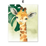 Kids Room Lion Giraffe Zebra Tropical Leaf Jungle Animals HQ Canvas Print