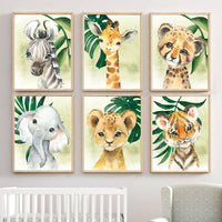 Kids Room Lion Giraffe Zebra Tropical Leaf Jungle Animals HQ Canvas Print