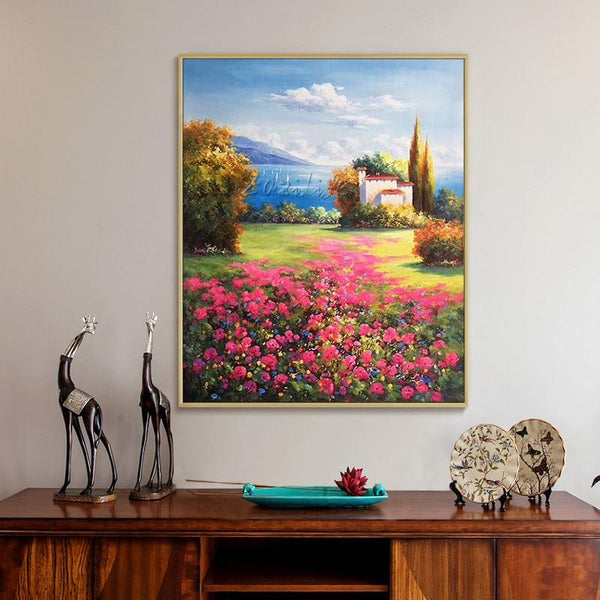 Mediterranean flowers field lake landscape painting on canvas art oil (hand painted)