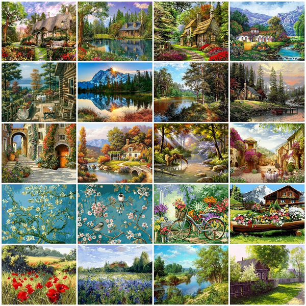 DIY Painting By Numbers House Scenery DIY Frame Pictures Mountain Lake On Canvas Home Decoration 60x75cm