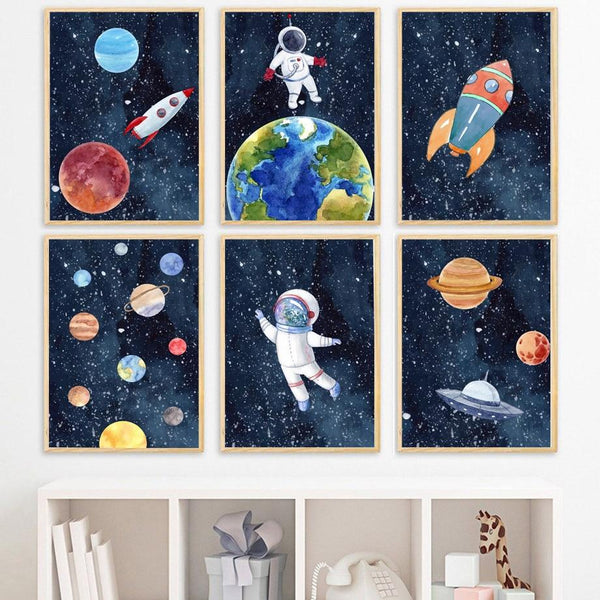 Kids Room Space Astronaut Planet Rocket Earth UFO Nursery Wall Art Decor HQ Canvas Print