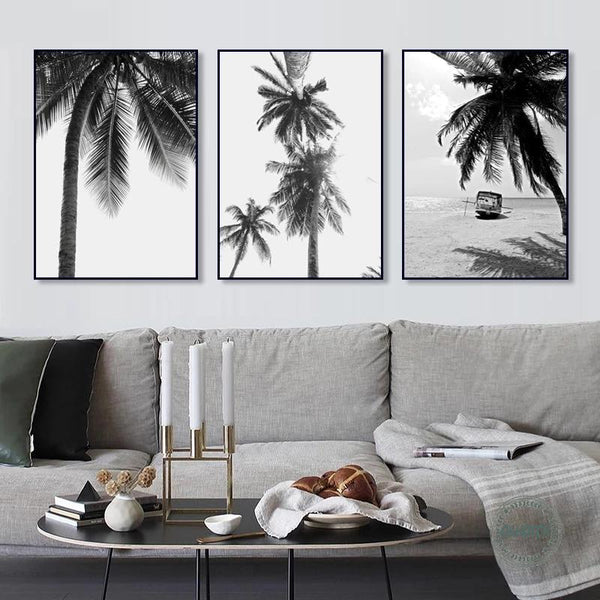 Tropical Landscape Black White Minimalist Wall Picture Beach Palm Tree HQ Canvas Print
