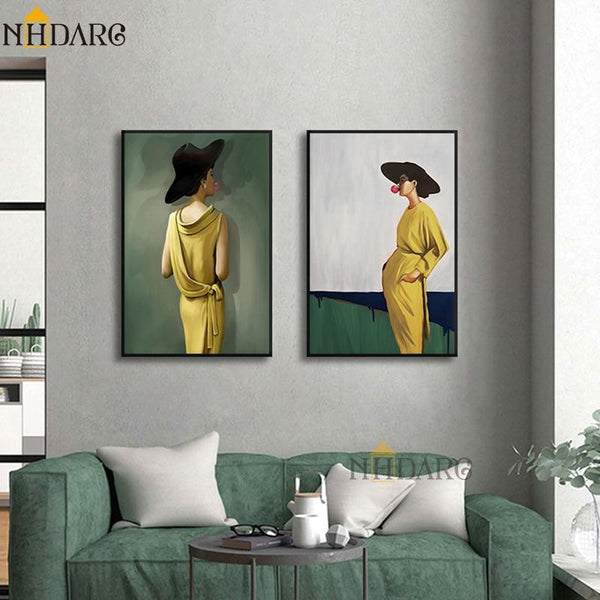 2 Panel Vogue Fashion HQ Canvas Print Painting Yellow Dress Woman