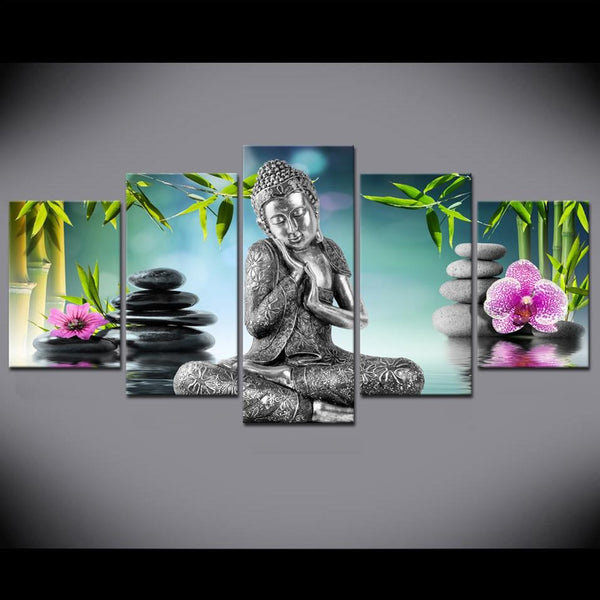 5 Panel Bamboo Stone Flower Buddha HQ Canvas Print Home Decoration WITH FRAME