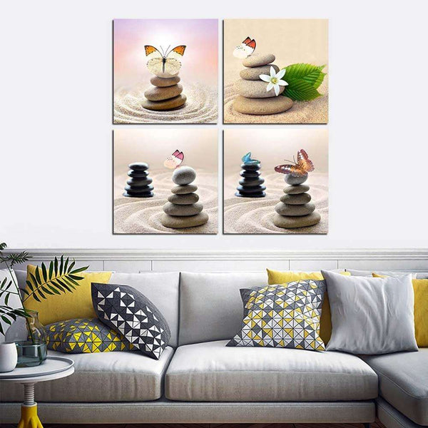 4 Panel Sea Sand Beach Stone Butterfly Flower Leaf WITH FRAME HQ Canvas Print