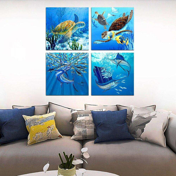 4 Panel Sea Turtle Fish Sea World Underwater World WITH FRAME HQ Canvas Print