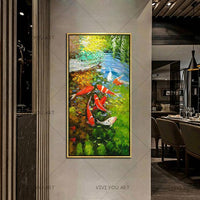 Chinese Abstract Nine Koi Fish Landscape Handmade Oil Painting Canvas Artwork 50X100Cm / 01