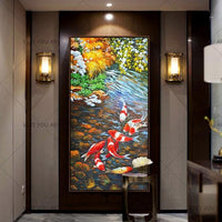 Chinese Abstract Nine Koi Fish Landscape Handmade Oil Painting Canvas Artwork 100X220Cm / 02